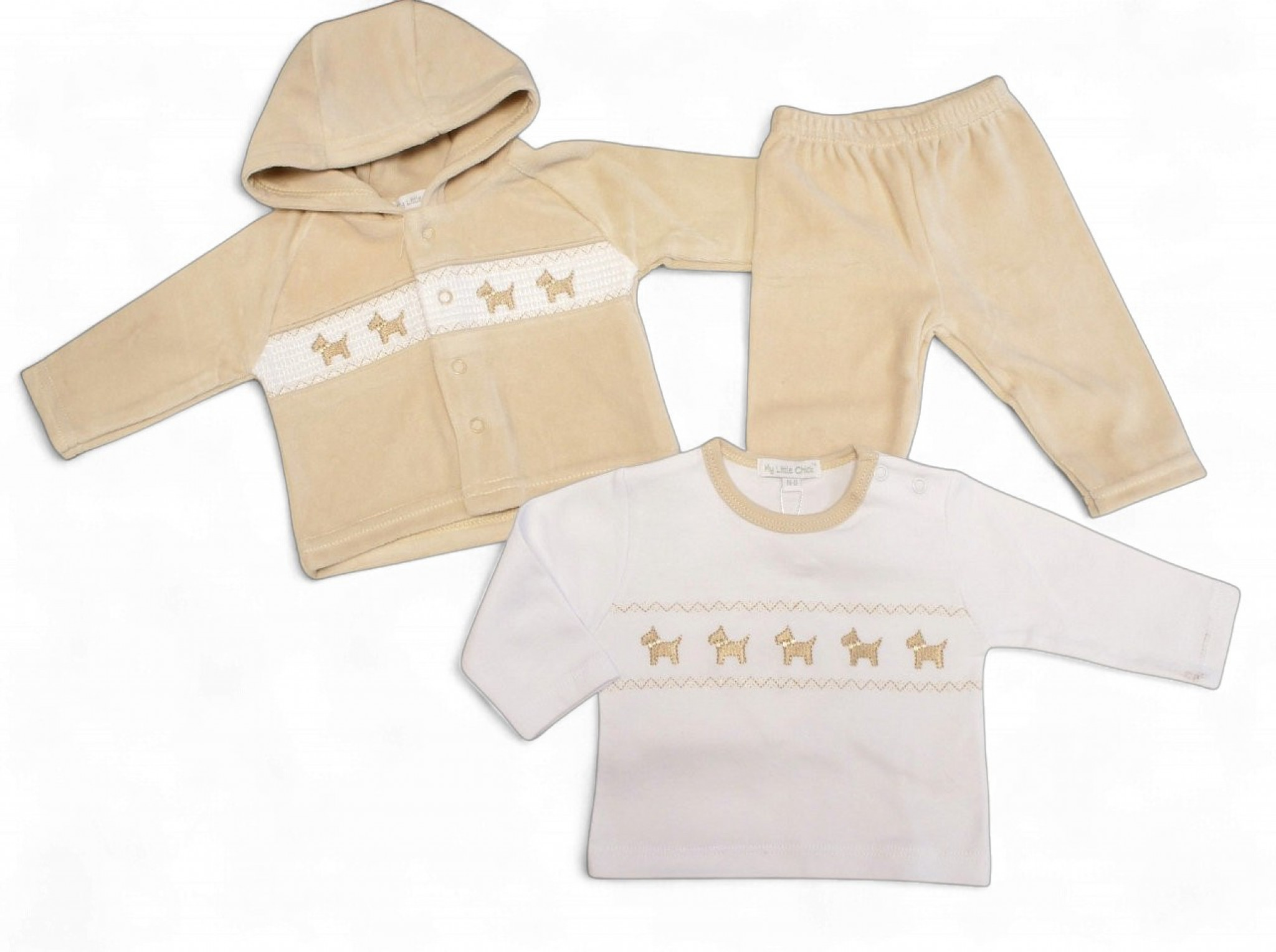 My Little Chick BW-13-416 5035320134161 ML13-416T Smocked "Puppy" Velour 3 Piece Set (NB-6m)