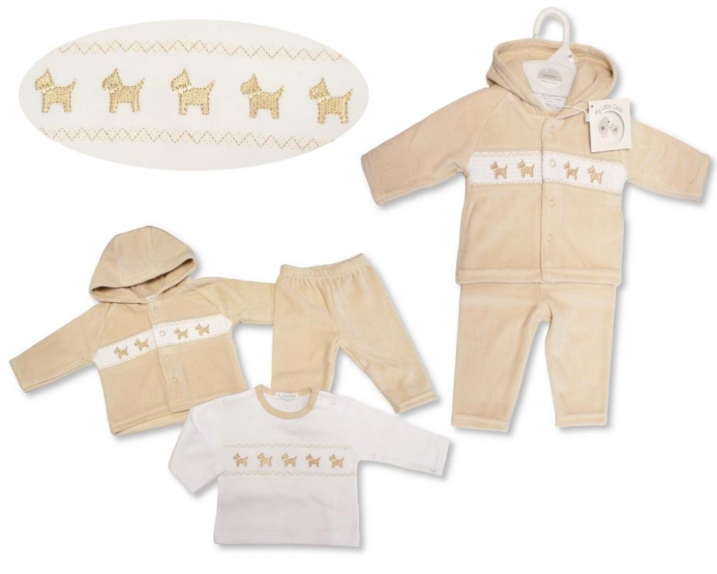 My Little Chick BW-13-416 5035320134161 ML13-416 Smocked "Puppy" Velour 3 Piece Set (NB-6m)
