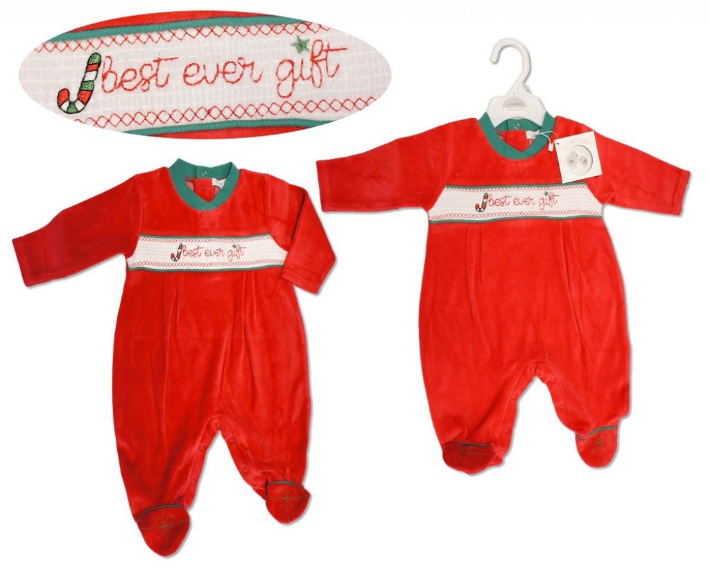 My Little Chick BW-13-419 5035320134192 ML13-419 Smocked "Christmas" Velour All In One (NB-6m)