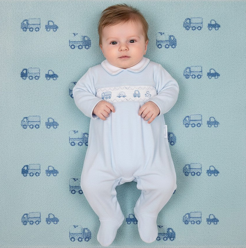 My Little Chick BW-13-429 5035320134291 ML13-429S Smocked Velour "Vehicles" All In One (NB-6 months)