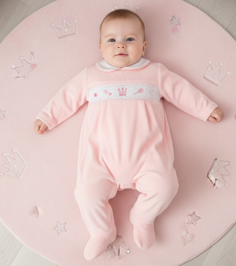 My Little Chick BW-13-433 5035320134338 ML13-433P Smocked Velour "Princess" All In One (NB-6 months)