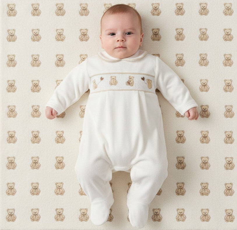 My Little Chick BW-13-438 5035320134383 ML13-438W Smocked Velour "Teddy" All In One (NB-6 months)