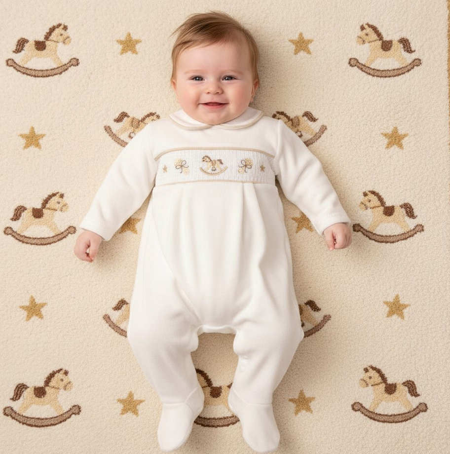 My Little Chick BW-13-439 5035320134390 ML13-439W Smocked Velour Rocking Horse All In One (NB-6 months)