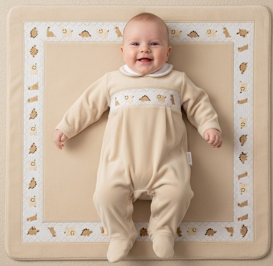 My Little Chick BW-13-440 5035320134406 ML13-440T Smocked Velour "Dinosaur" All In One (NB-6 months)
