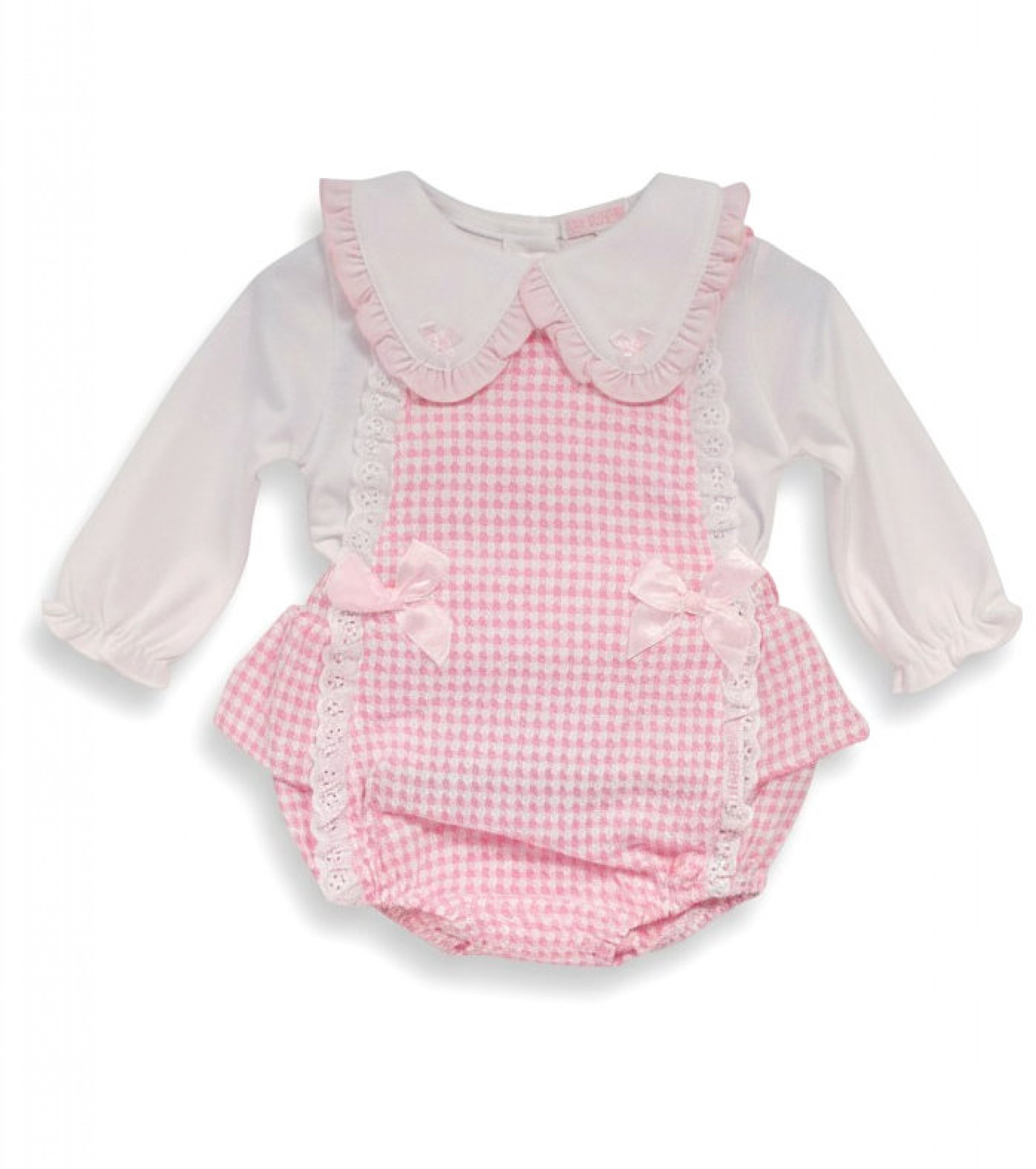 My Little Chick BIS-2020-2570 5035320025704 ML2020-2570P Dogtooth "Bow and Lace" Short Dungaree Set (NB-6m)
