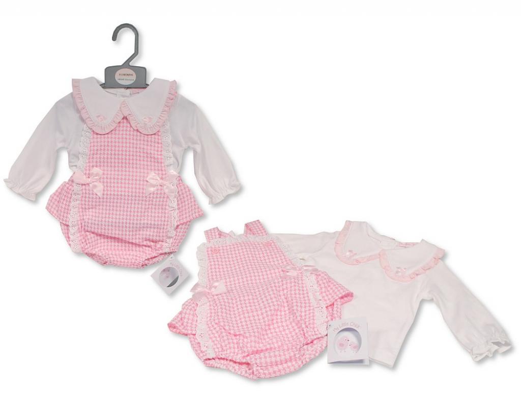 My Little Chick BIS-2020-2570 5035320025704 ML2020-2570 Dogtooth "Bow and Lace" Short Dungaree Set (NB-6m)