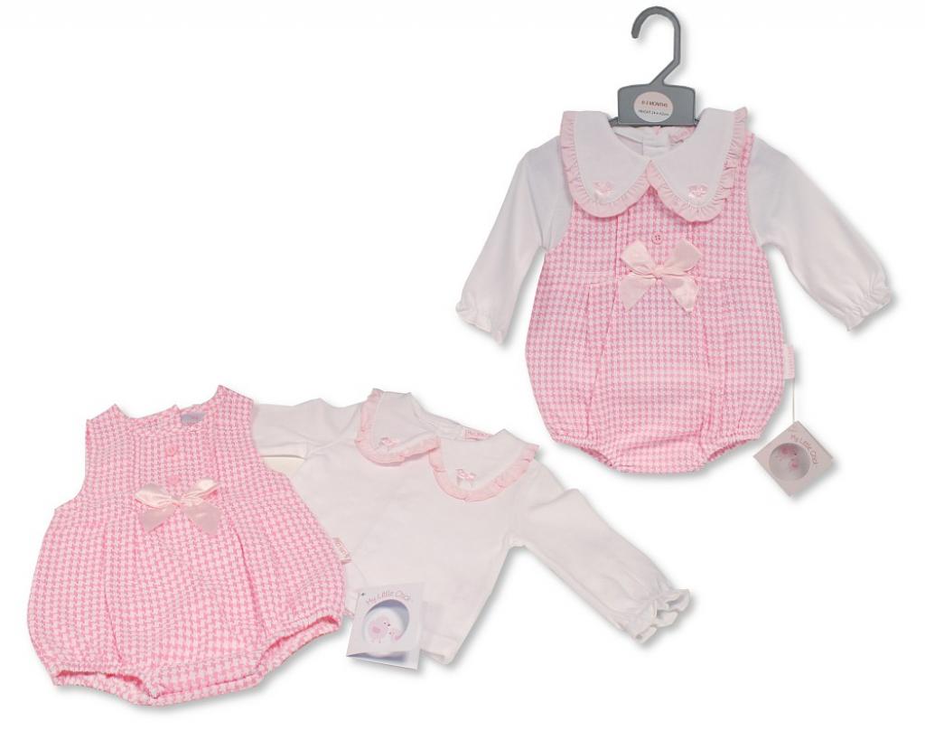 My Little Chick BIS-2020-2571 5035320025711 ML2020-2571 Dogtooth "Bow and Lace" Short Romper Set (NB-6m)