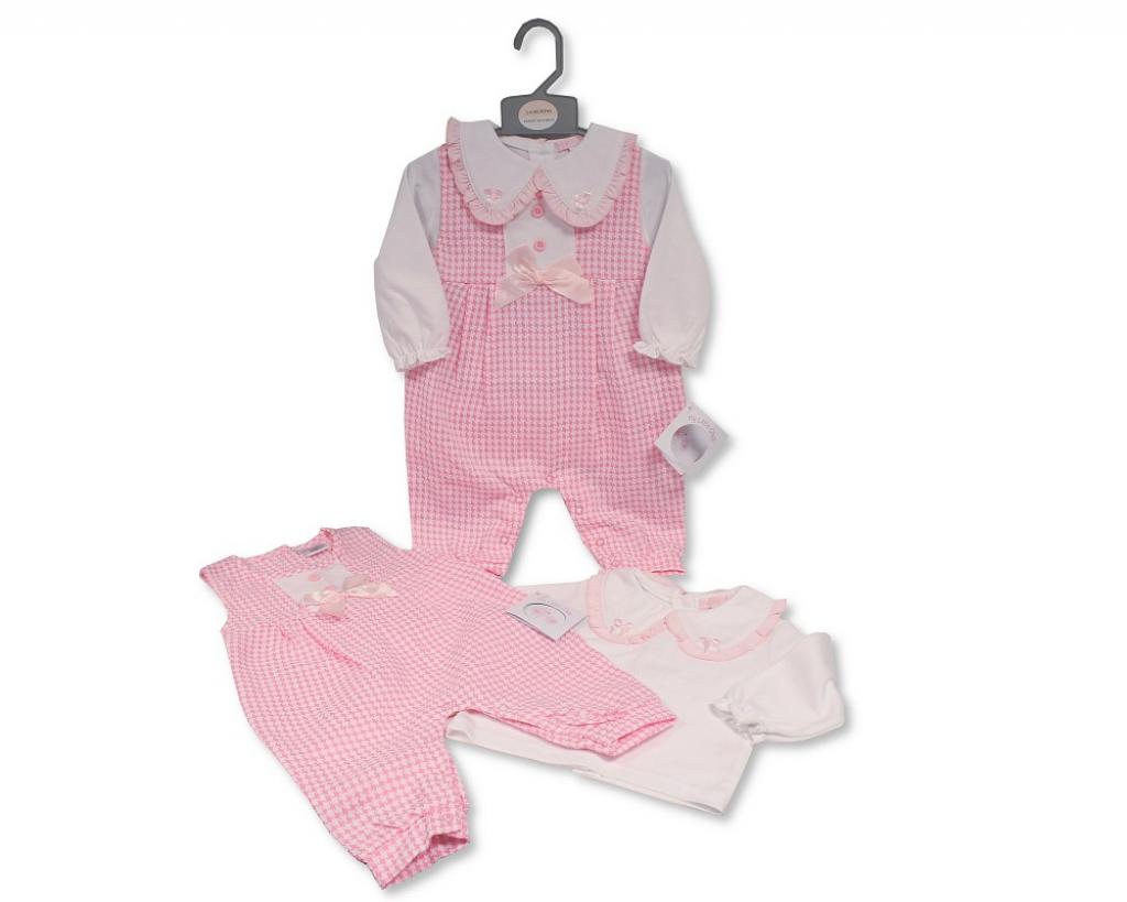 My Little Chick BIS-2020-2572 5035320025728 ML2020-2572 Dogtooth "Bow" Long Dungaree Set (NB-6m)