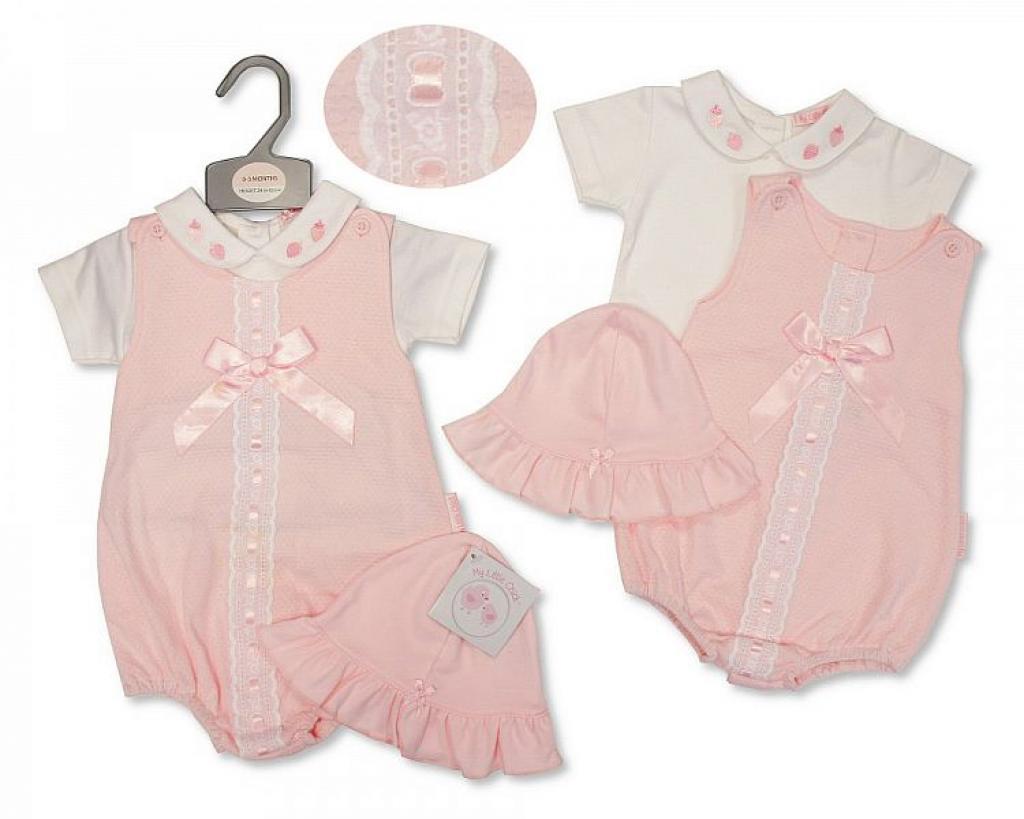 My Little Chick BIS-2100-2365 5035320423654 ML2100-2365 Pointelle "Lace and Bow" Short Dungaree Set (NB-6m)