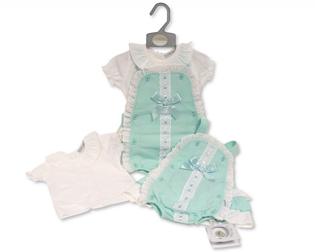My Little Chick 2120-6122 5035320161228 ML2120-6122 Jam Pant "Lace and Bow" Dungaree Set (NB - 6m)