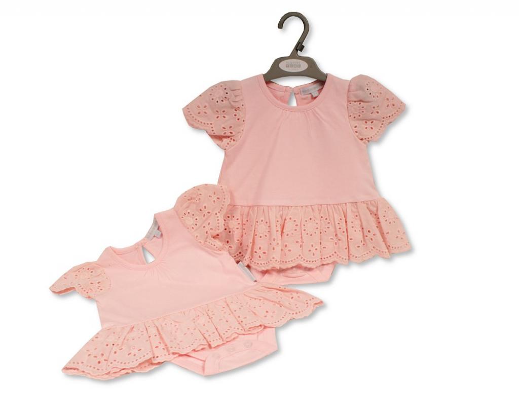 My Little Chick 2120-6215P 503520412153 ML2120-6215P Pink "Broderie Anglaise" Bodysuit Dress (NB-9m)