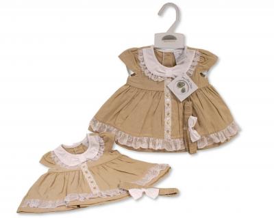 My Little Chick 2120-6262 5035320162621 ML2120-6262 Linen  "Lace" Dress Set (Nb-6m)