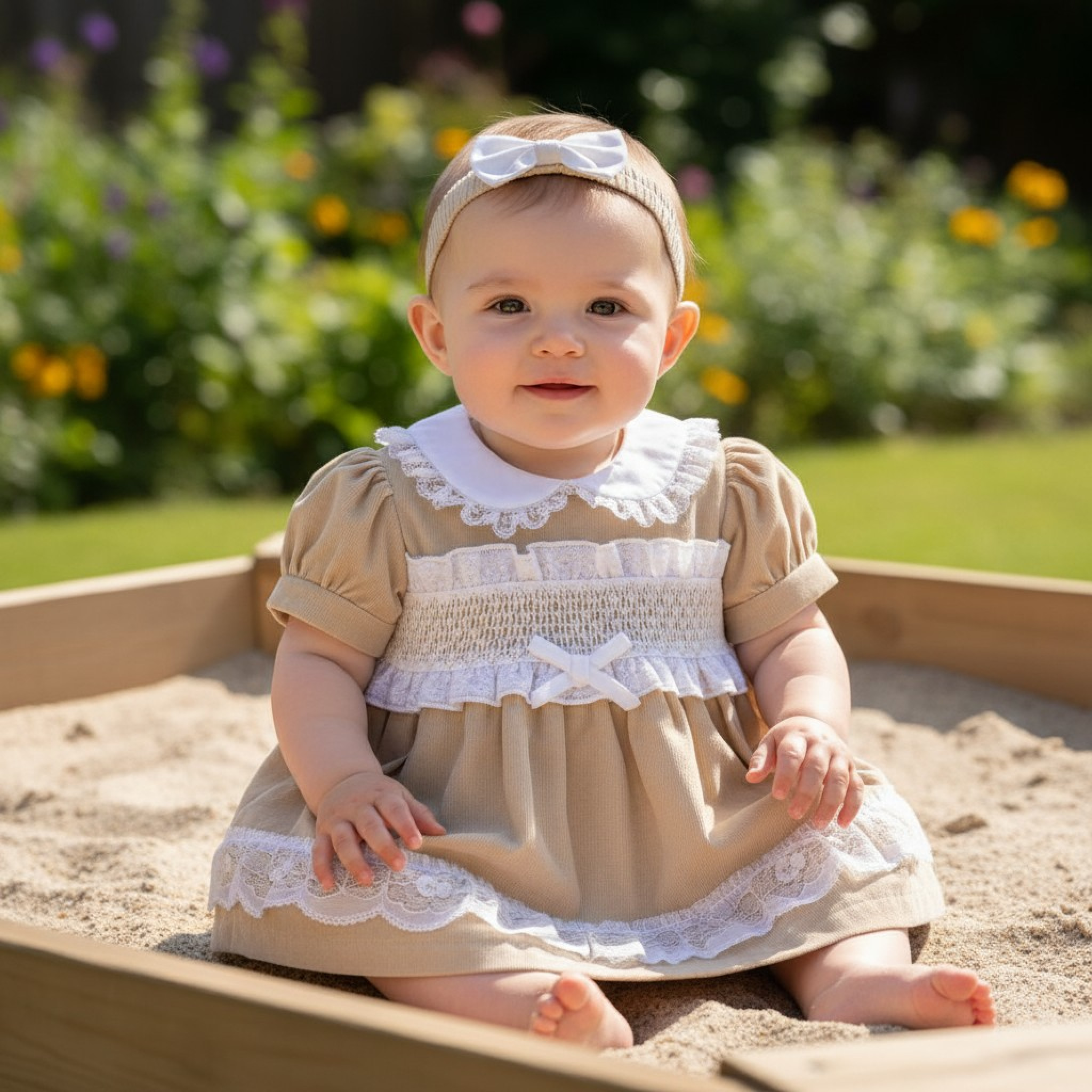 My Little Chick 2120-6264 5035320162645 ML2120-6264-T Linen Smocked "Lace" Dress Set (Nb-6m)