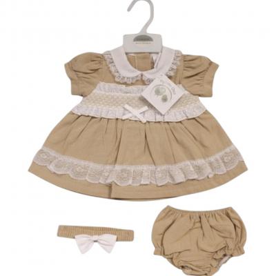 My Little Chick 2120-6264 5035320162645 ML2120-6264-T Linen Smocked "Lace" Dress Set (Nb-6m)