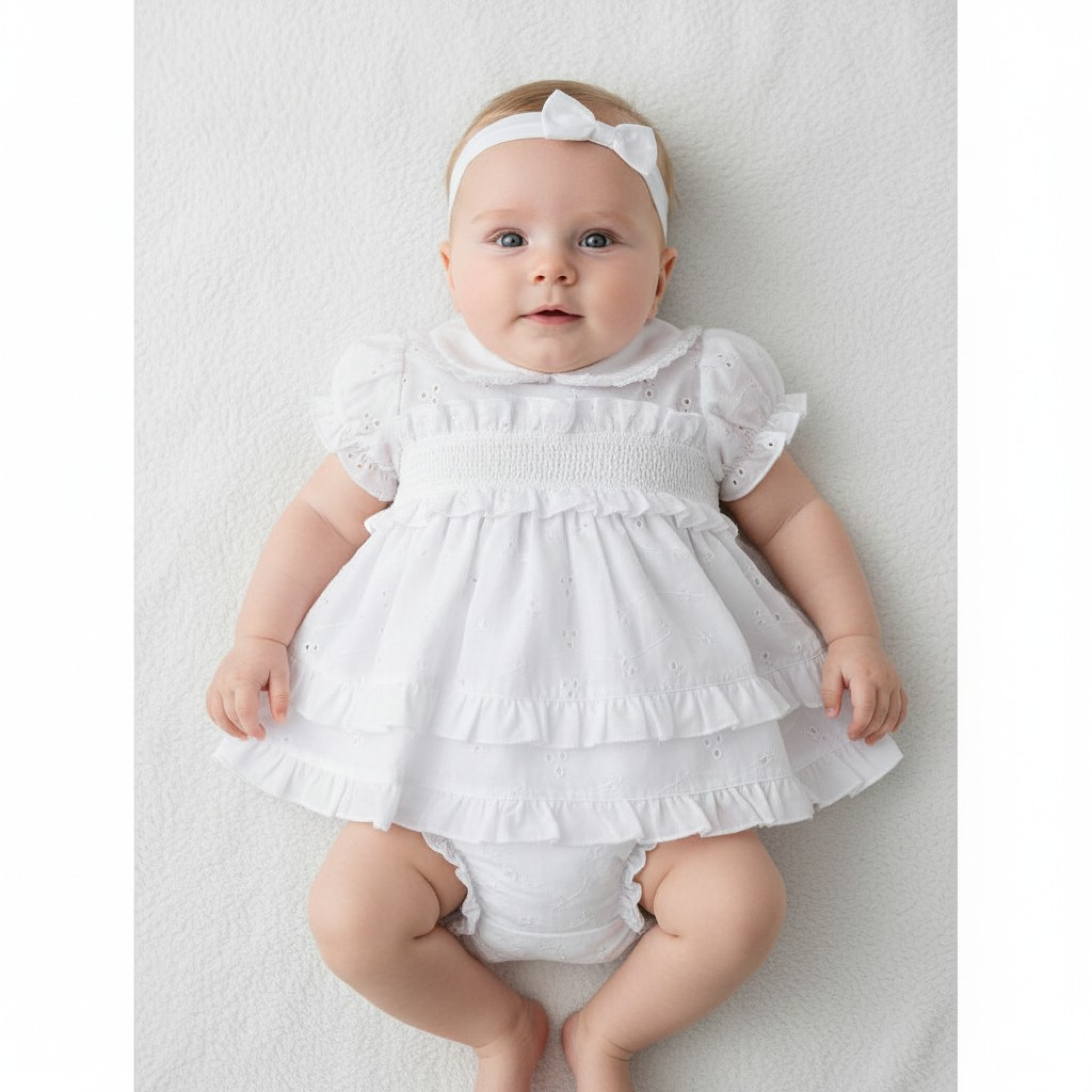 My Little Chick 2120-6266 5035320162669 ML2120-6266-W Broderie Anglaise "Smocked" Dress Set (Nb - 6m)