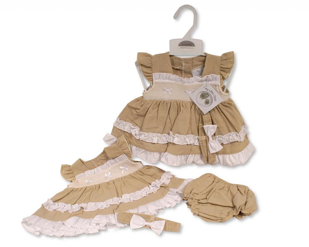 My Little Chick 2120-6276 5035320162768 ML2120-6276 Linen Smocked "Bows" Dress Set (6-24m)