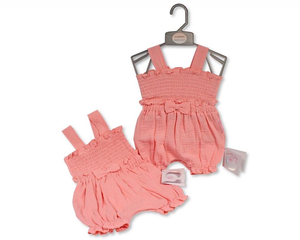 My Little Chick Bis-2120-6294 5035320162942 ML2120-6294 Smocked "Bows" Muslin Romper (Newborn - 6 months)