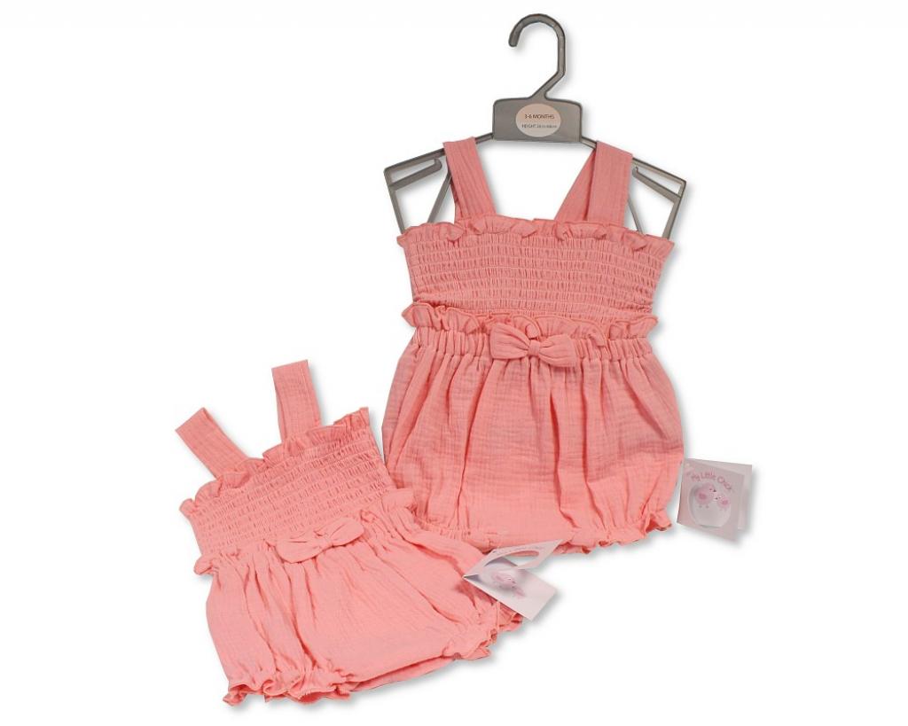 My Little Chick Bis-2120-6295 5035320162959 ML2120-6295 Smocked "Bows" Muslin Romper (Newborn - 6 months)