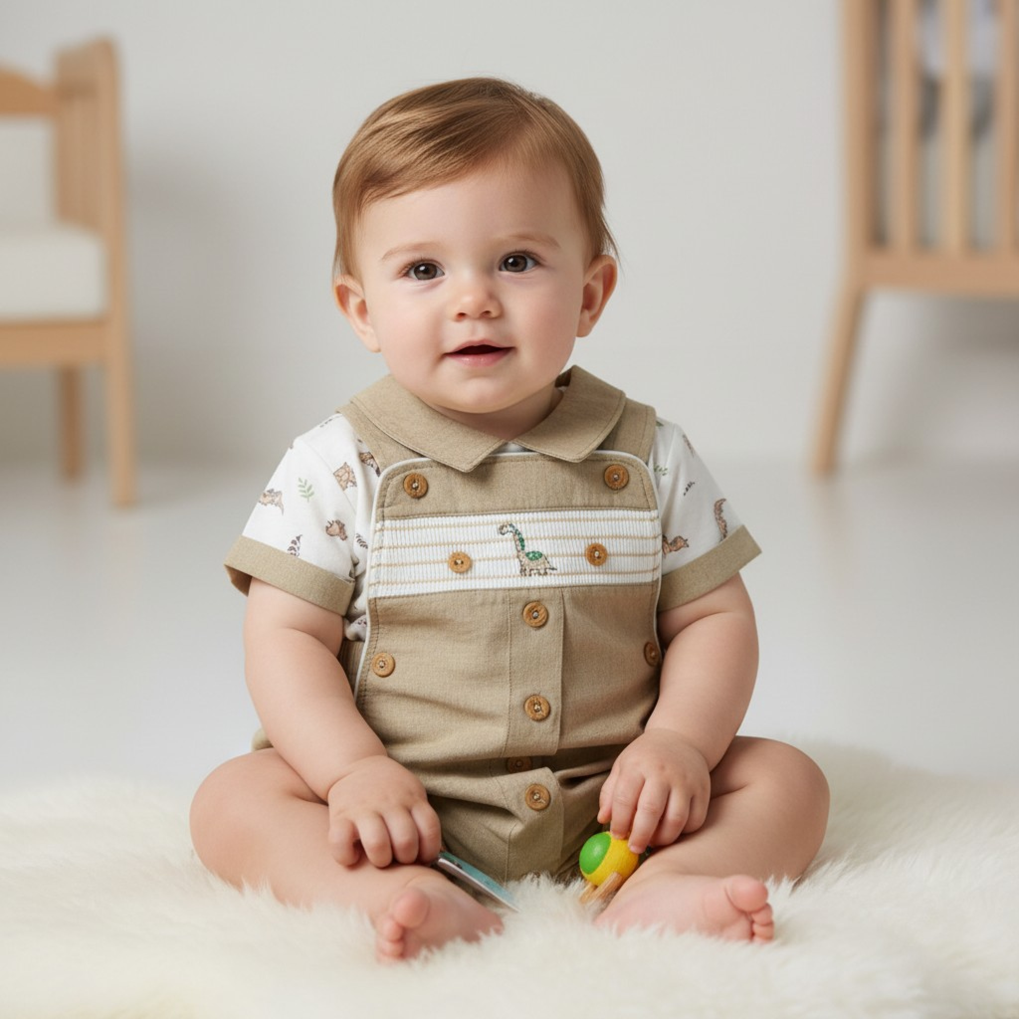 My Little Chick Bis-2120-6323 5035320163239 ML2120-6323-T Smocked "Dinosaur" Linen Dungaree Set (NB-6m)