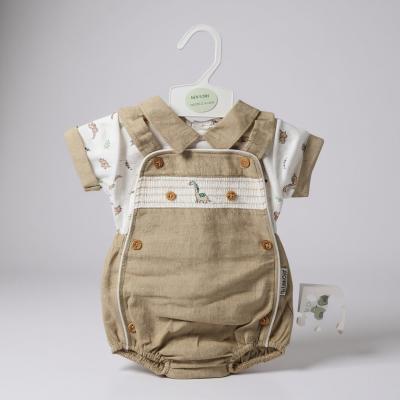ML2120-6323-T Smocked "Dinosaur" Linen Dungaree Set (NB-6m)