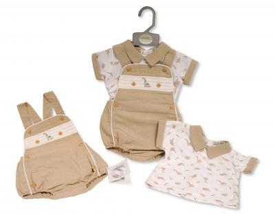 My Little Chick Bis-2120-6323 5035320163239 ML2120-6323-T Smocked "Dinosaur" Linen Dungaree Set (NB-6m)