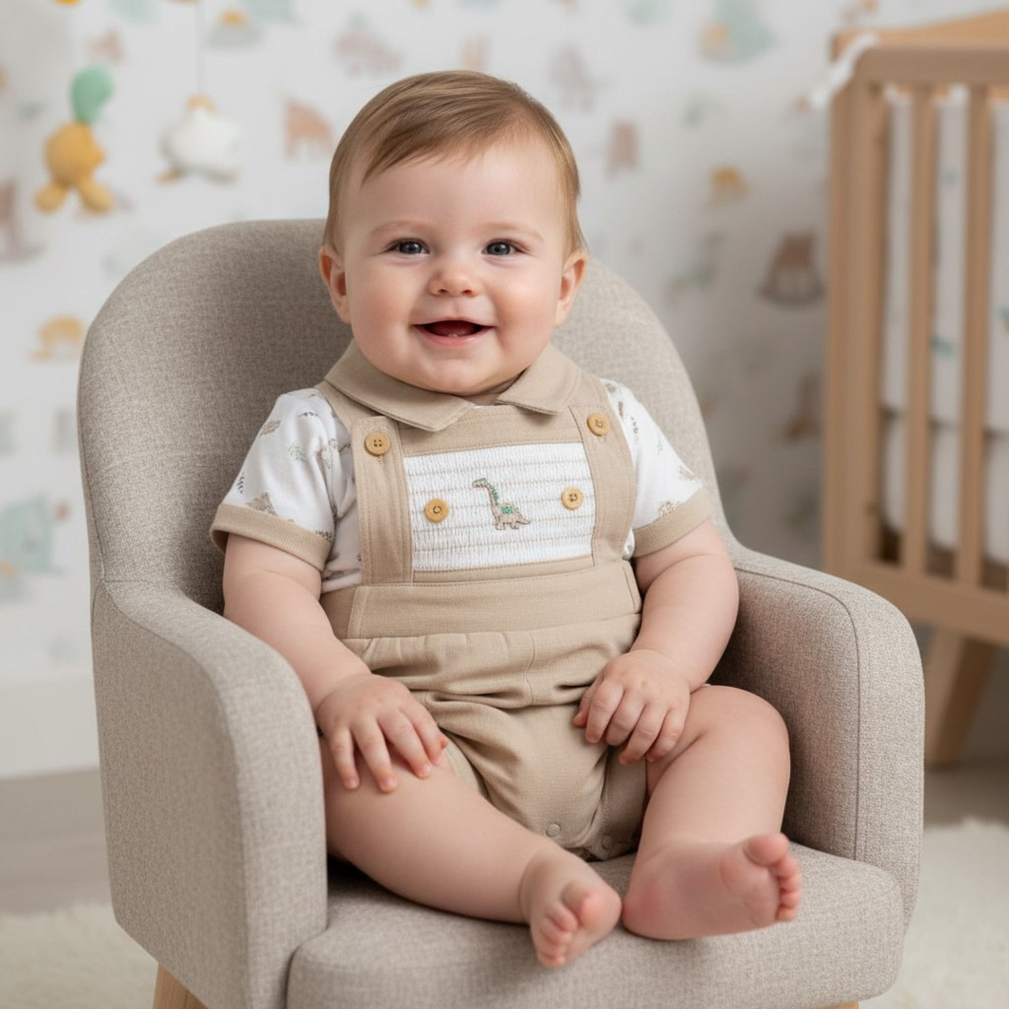 My Little Chick Bis-2120-6324 5035320163246 ML2120-6324-T Smocked "Dinosaur" Linen Dungaree Set (NB-6m)
