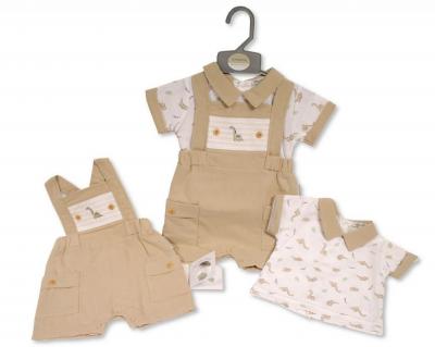 My Little Chick Bis-2120-6324 5035320163246 ML2120-6324T Smocked "Dinosaur" Linen Dungaree Set (NB-6m)