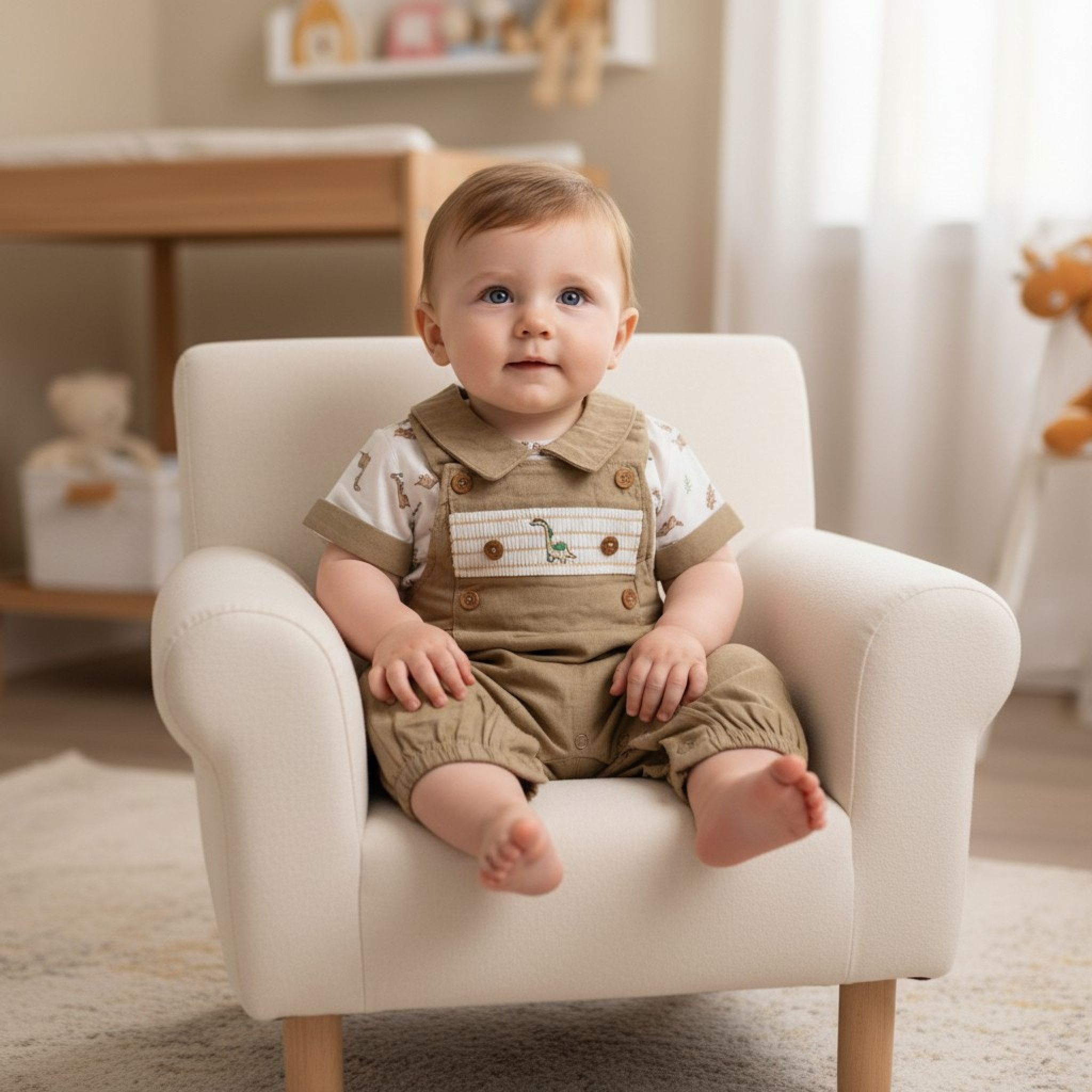 My Little Chick Bis-2120-6325 5035320163253 ML2120-6325-T Smocked "Dinosaur" Linen Dungaree Set (NB-6m)