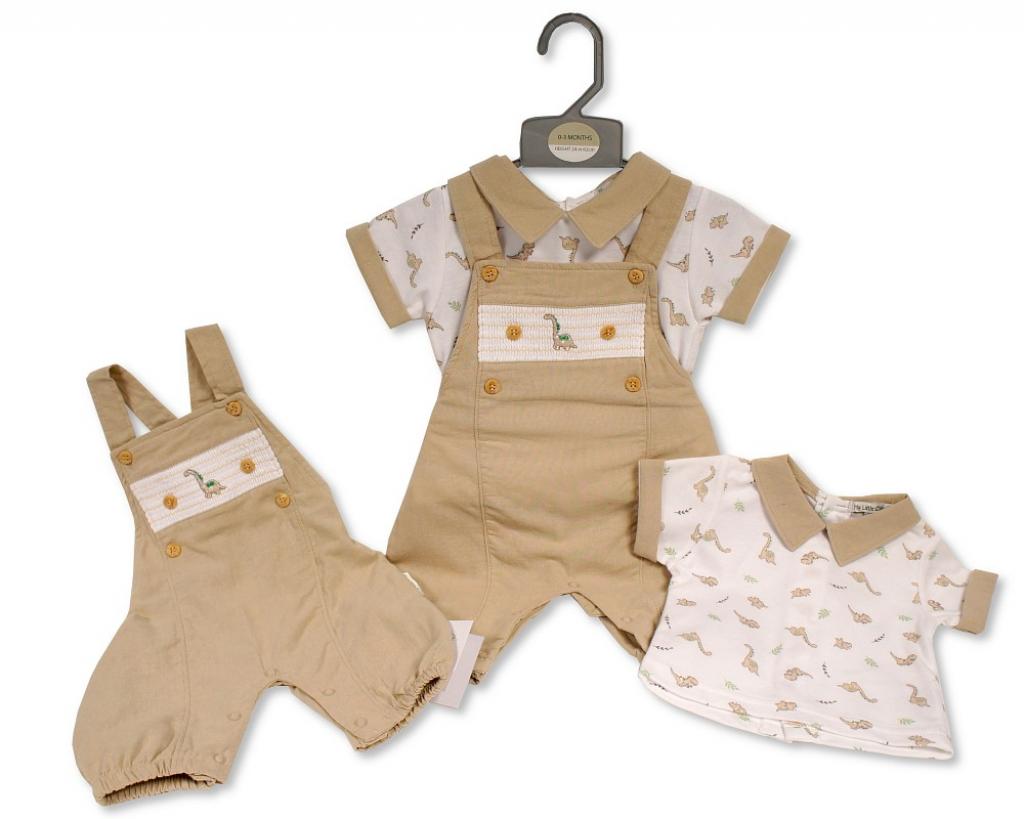 My Little Chick Bis-2120-6325 5035320163253 ML2120-6325 Smocked "Dinosaur" Linen Dungaree Set (NB-6m)