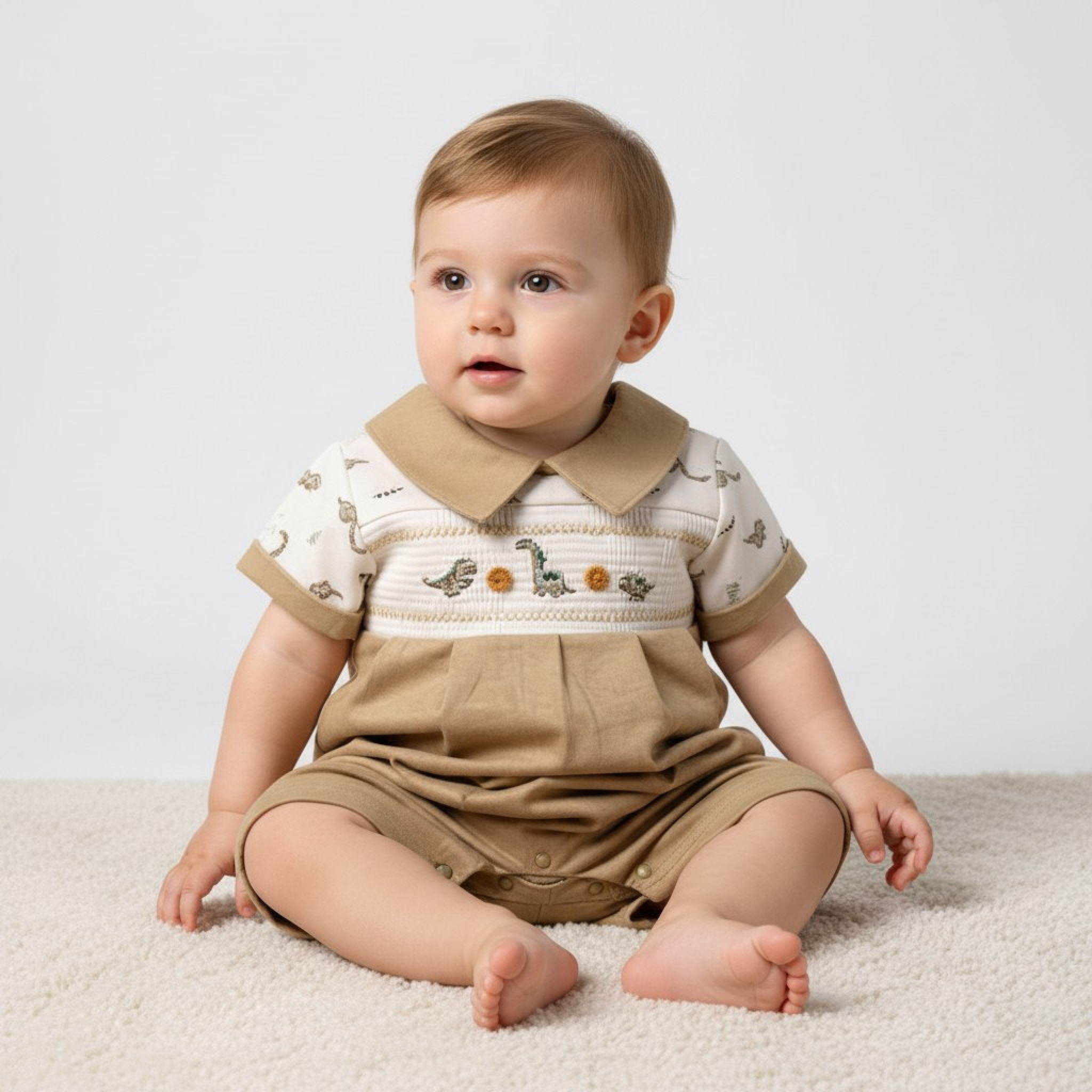 My Little Chick Bis-2120-6326 5035320163260 ML2120-6326T Smocked "Dinosaur" Linen Romper (NB-6 months)