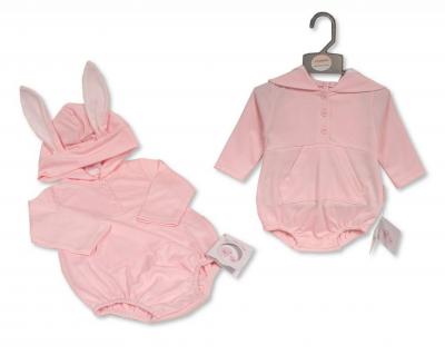 My Little Chick 2120-6336P NB = 5035320043364, 0-3 = 5035320343365, 3-6m = 5035320643366, 6-9m = 5035320943367 ML2120-6336P Pink Hooded Short Romper with Ears (NB-9m Choose)