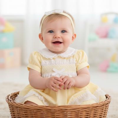 ML2120-6376Y  Smocked "Lace and Bow" Dress Set  (6-24m)