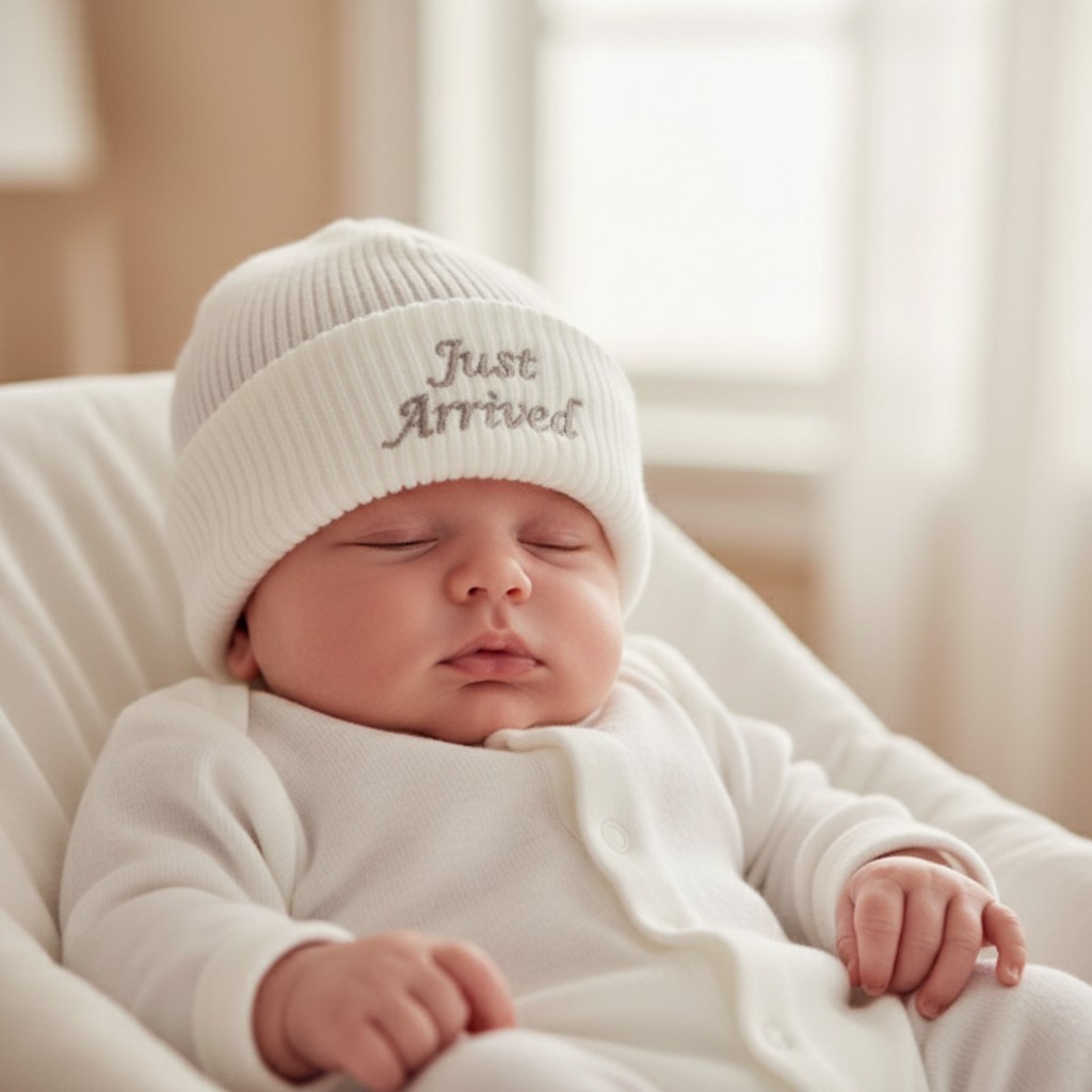 Nursery Time BW-0503-0449 5035320104492 NT0503-0449 White "Just Arrived" Knitted Hat (0-3 months)