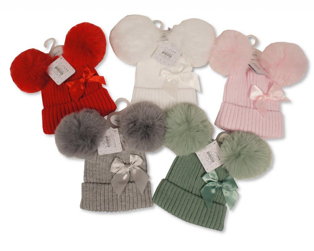 Nursery Time BW-0503-0622 * NT0503-0622 Double Pom Pom Hat with Bow (6-12m - Choose Colour)