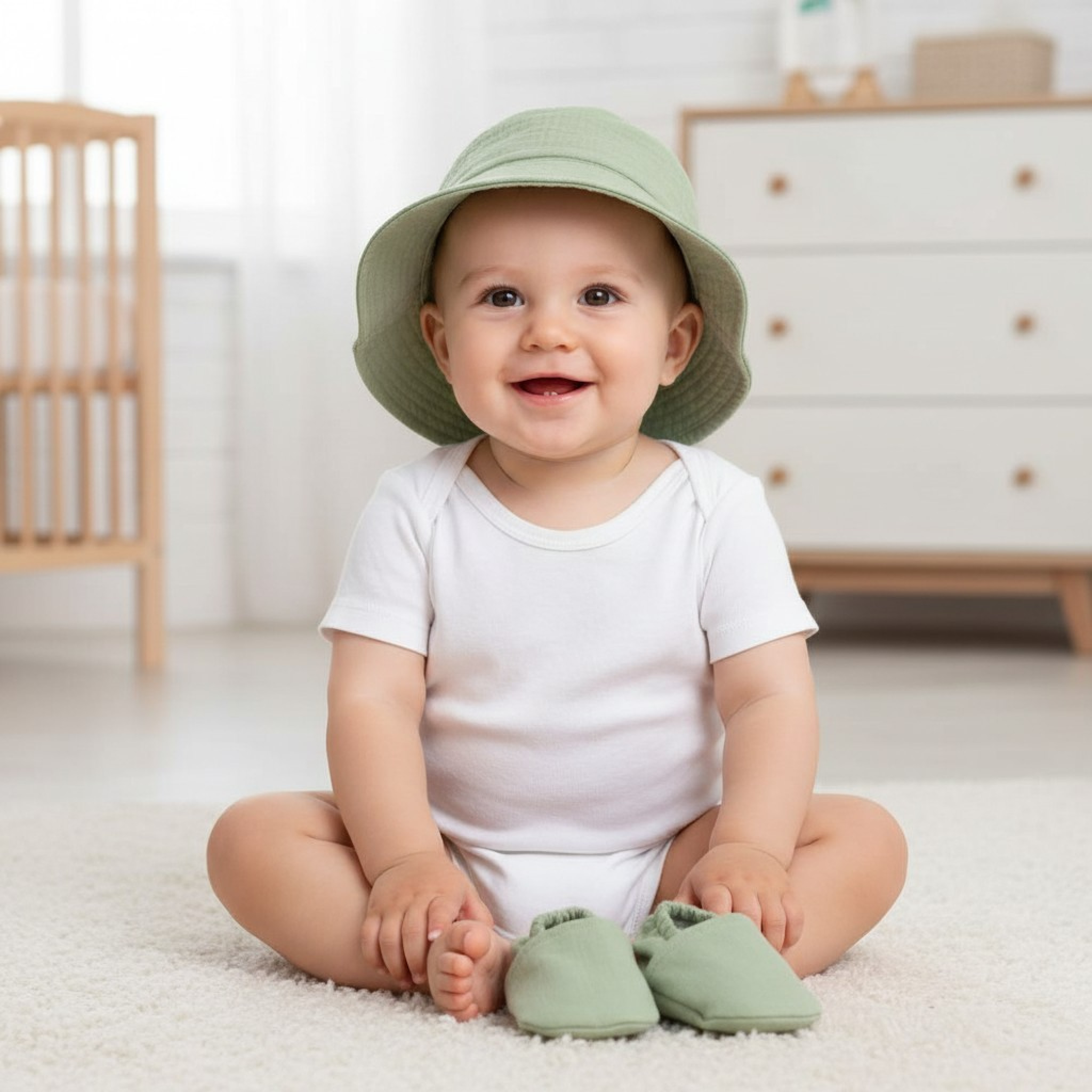 Nursery Time  5035320056357 NT0503-0635-G Sage Green Sun Hat and Booties Set (0-12m)
