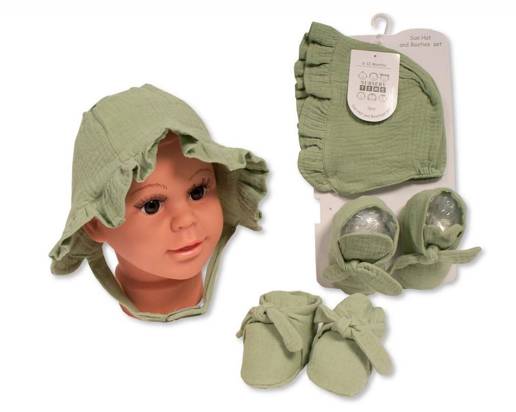 Nursery Time BW-0503-0636SG 5035320056364 NT0503-0636SG Sage Green Sun Hat and Booties Set (0-12m)
