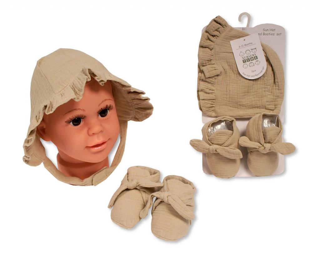 Nursery Time BW-0503-0636T 5035320226361 NT0503-0636T Taupe Sun Hat and Booties Set (0-12m)