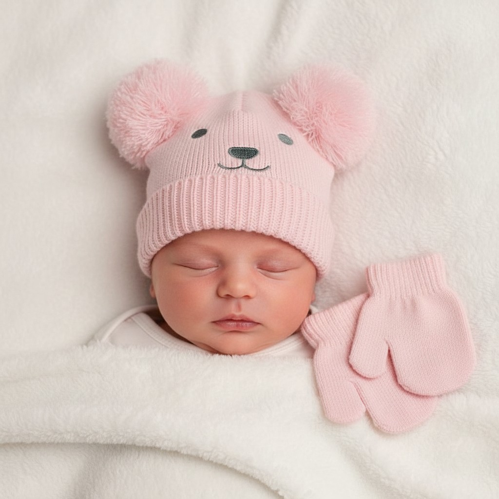 Nursery Time Bw-0503-0641 5035320136417 NT0503-0641P  Baby Double Pompom Hat and Mitten Set (0-6 months)