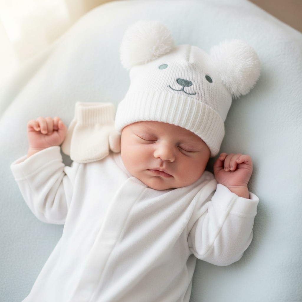 Nursery Time Bw-0503-0641 5035320136418 NT0503-0641W  Baby Double Pompom Hat and Mitten Set (0-6 months)