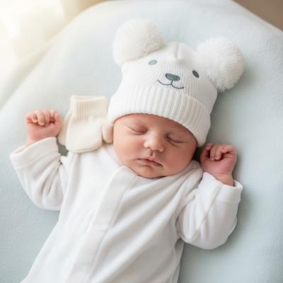 NT0503-0641W   Baby Double Pompom Hat and Mitten Set  (0-6 months)