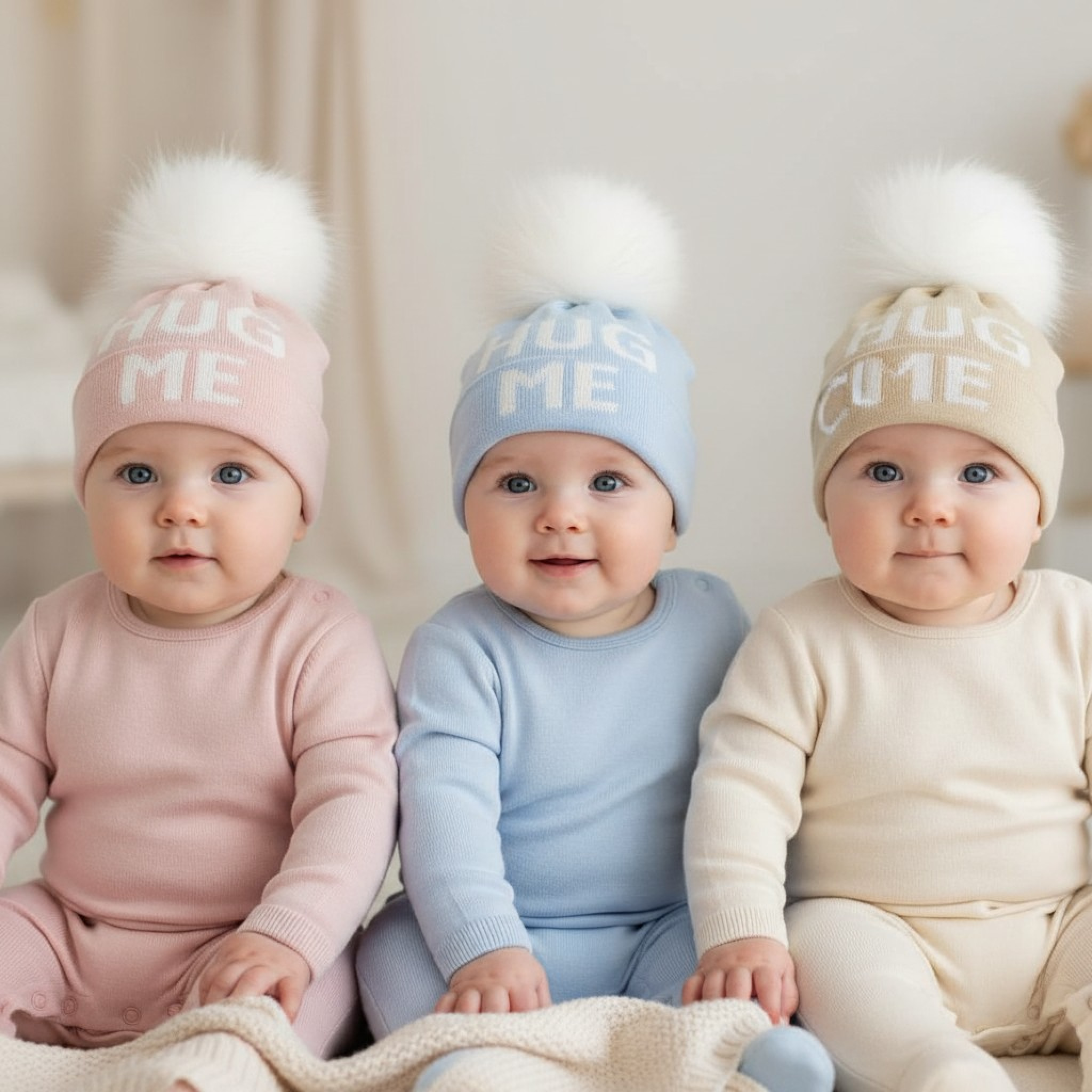 Nursery Time BW-0503-0651 Rose Gold/White = 5035320426518, Sky Blue/White = 5035320626512, Taupe/White = 5035320226514 NT0503-0651A "Hug Me/Cute" Pom Pom Hat (Choose Colour)