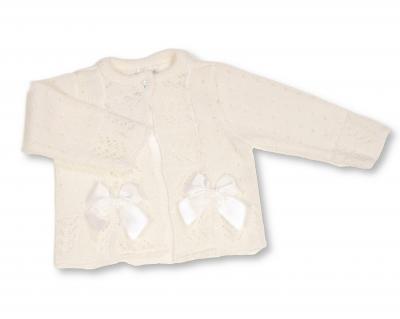 Nursery Time Bw-10-1009W 5035320100098 NT10-1009W White Fancy Knit "Bow" Cardigan (NB-9m)