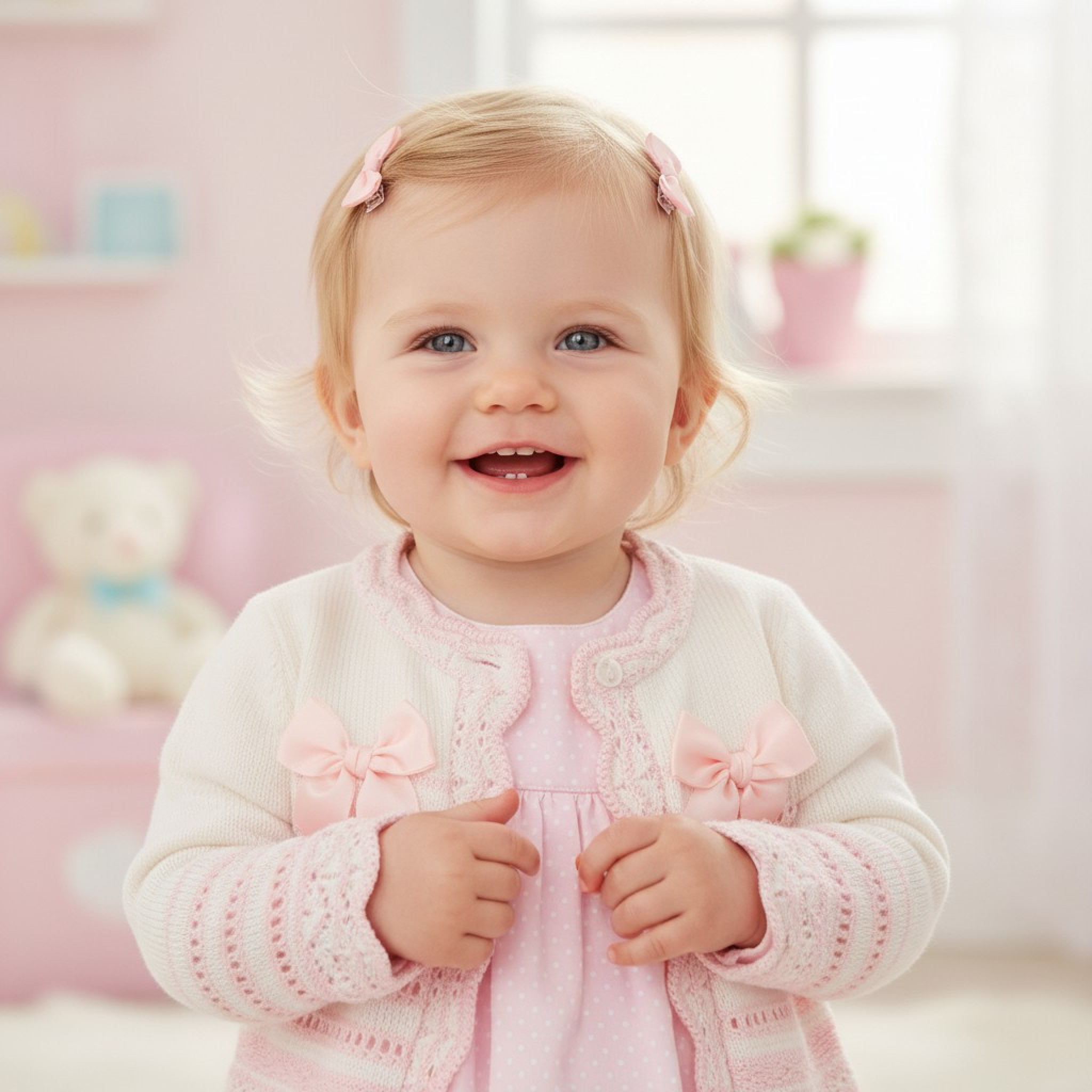 Nursery Time Bw-10-1011W 5035320100111 NT10-1011-W White Striped "Bow" Cardigan (NB-9m)
