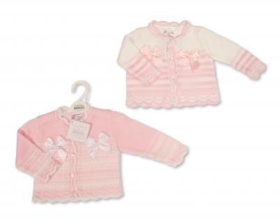 Nursery Time Bw-10-1011W 5035320100111 NT10-1011W White Striped "Bow" Cardigan (NB-9m)