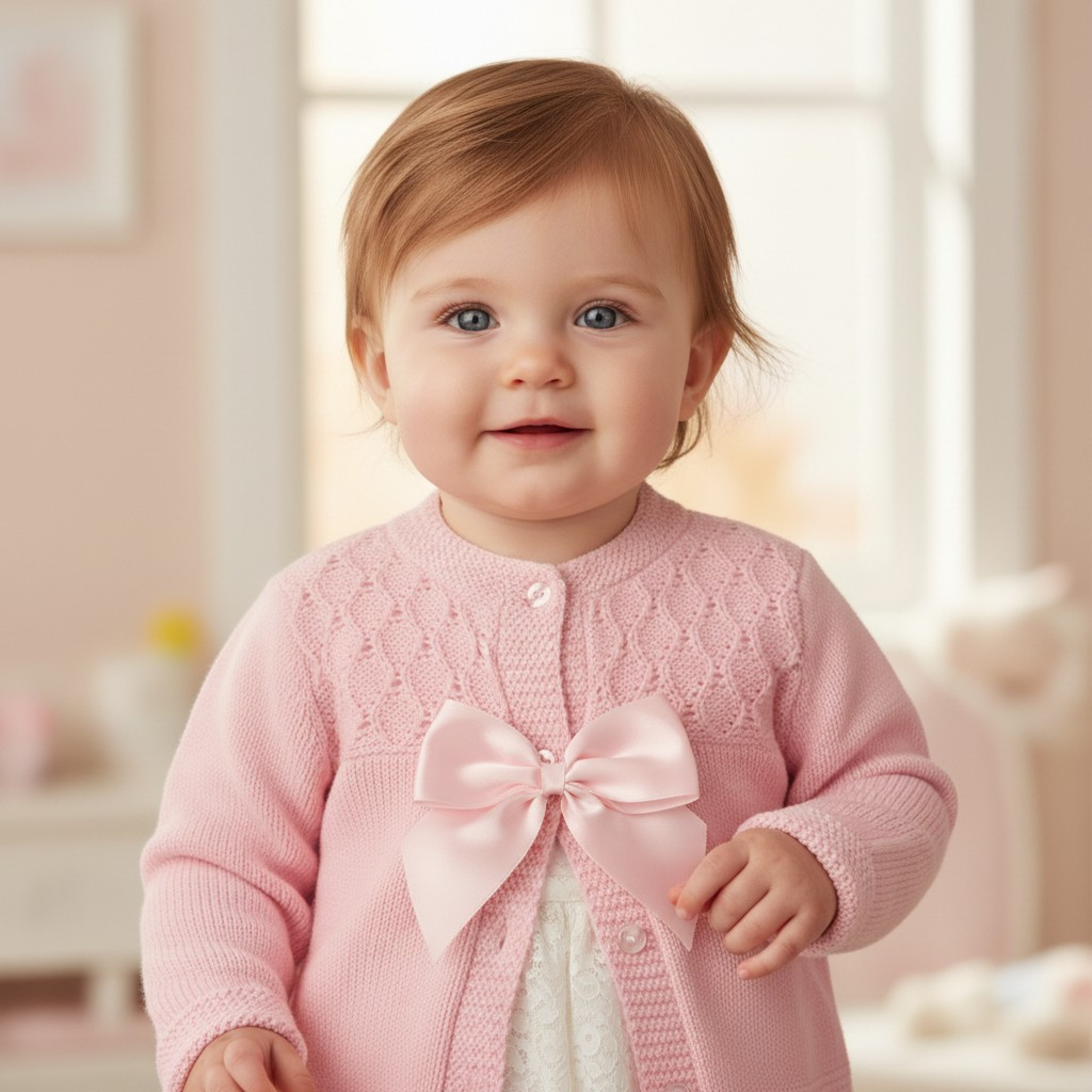 Nursery Time Bw-10-1015P  NT10-1015-P Pink Fancy Knit "Bow" Cardigan (NB-9m)