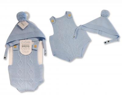 Nursery Time 10-1226S  NT10-1226-B Sky Blue Knitted Dungaree and Hat (0-6m)