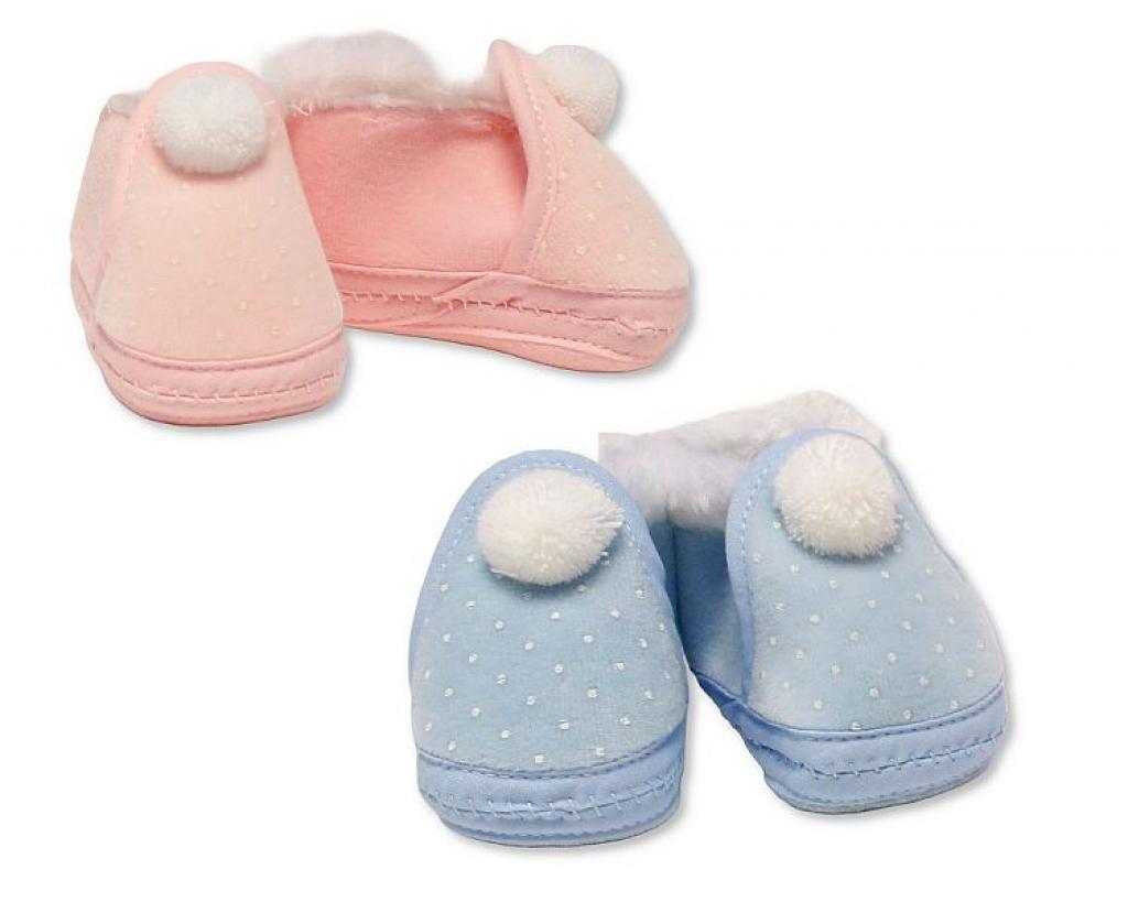 Nursery Time BSS-116-385 Pink = 5035320463858, Sky = 5035320663852 NT116-385 Booties with Fur Trim and Pom Pom (Choose Colour)