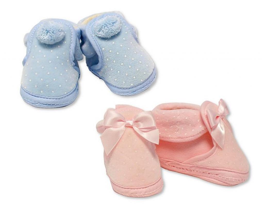 Nursery Time BSS-116-385 Pink = 5035320463865, Sky = 5035320663869 NT116-386 Booties with Turn Over and Bow (Choose Colour)