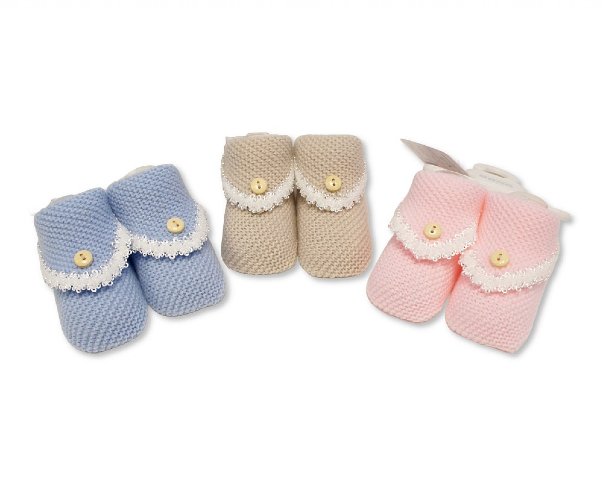 Nursery Time BSS-116-382 Pink = 5035320663821, Sky = 5035320463827, Taupe = 5035320163826 NT116-844 Knitted "Button and Lace" Booties  (Choose Colour)