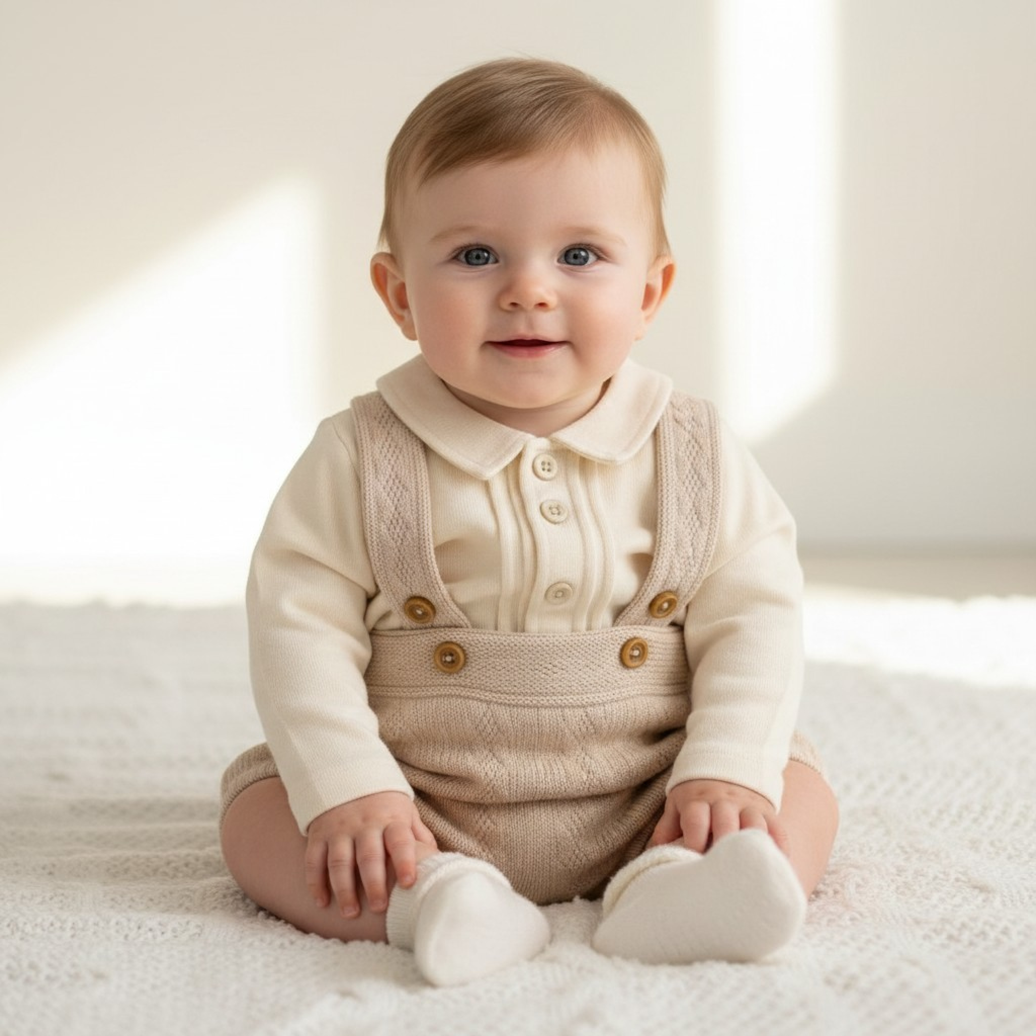Nursery Time BIS-2020-2526 All sizes = 5035320225265 NT2020-2526-T Taupe Knitted Short Dungaree Set (NB-6m)